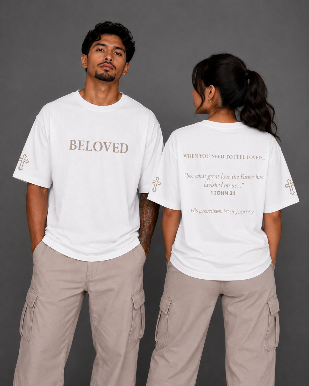 Front and back view of white Beloved T-shirt from the Soul Kreations Luxe Promise Collection with embroidered lettering and cross sleeve details.
