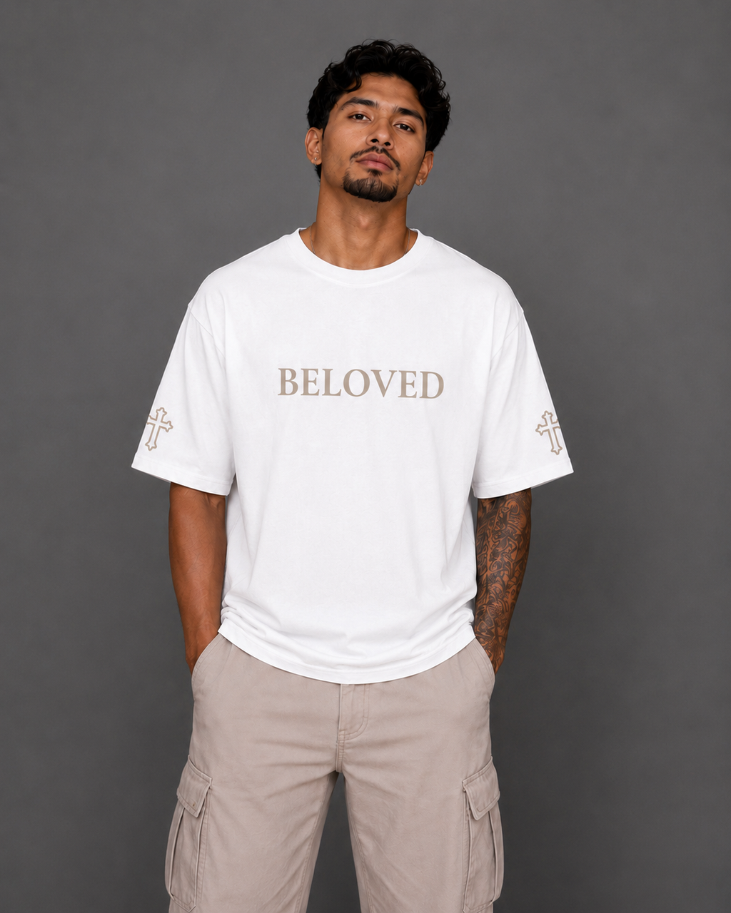 Front view of white Beloved T-shirt from the Soul Kreations Luxe Promise Collection featuring embroidered Beloved lettering and cross sleeve details. ✨