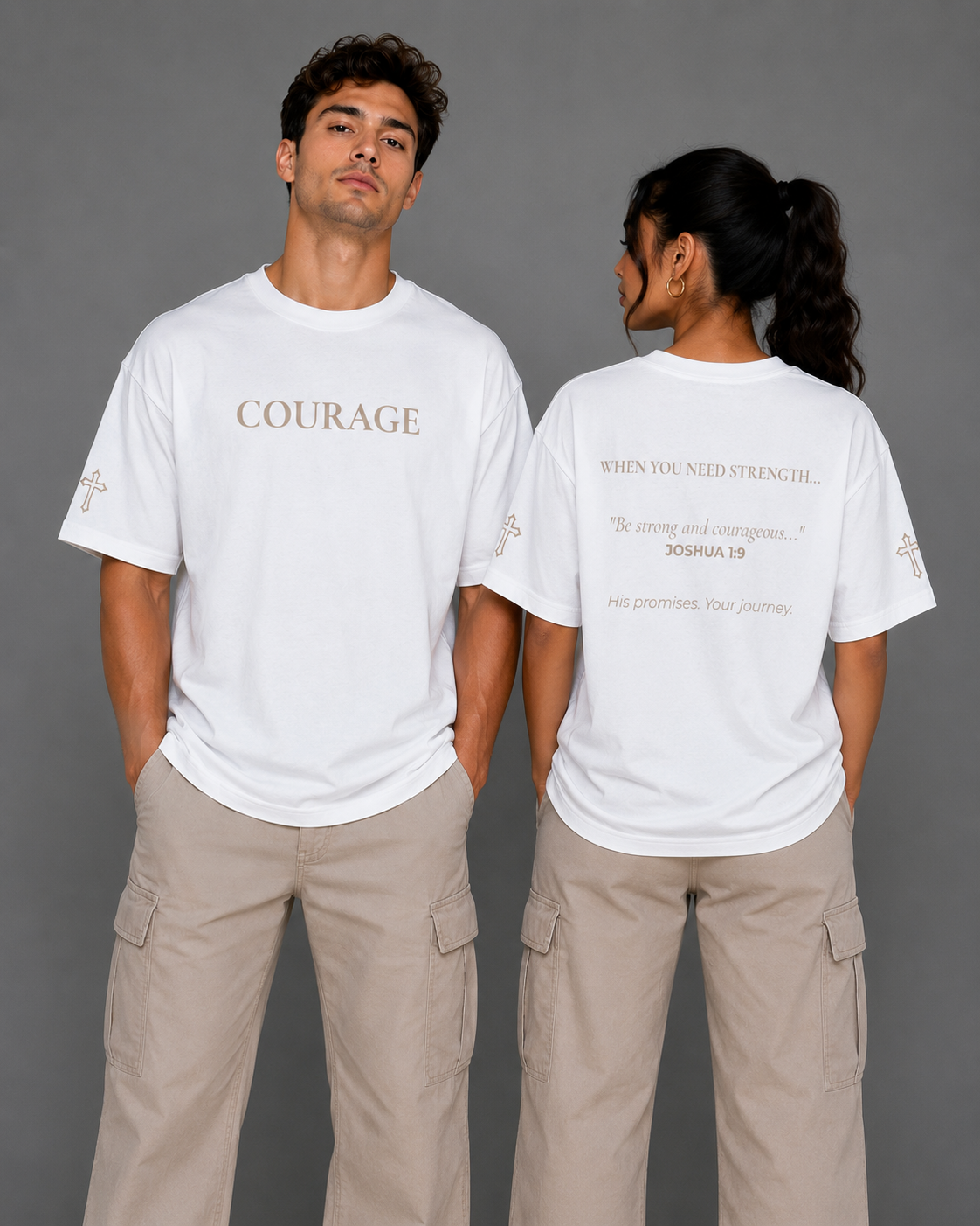 Front and back view of white Courage T-shirt from the Soul Kreations Luxe Promise Collection featuring embroidered Courage lettering, cross sleeve details, and Joshua 1:9 scripture design. ✨