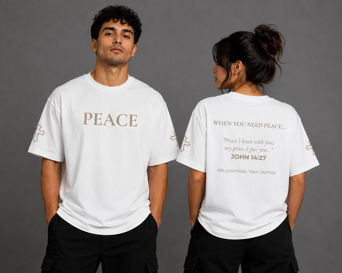 Male and female models wearing white Peace T-shirts from the Soul Kreations Luxe Promise Collection, showing embroidered PEACE chest lettering, embroidered sleeve crosses, and John 14:27 scripture printed on the back.