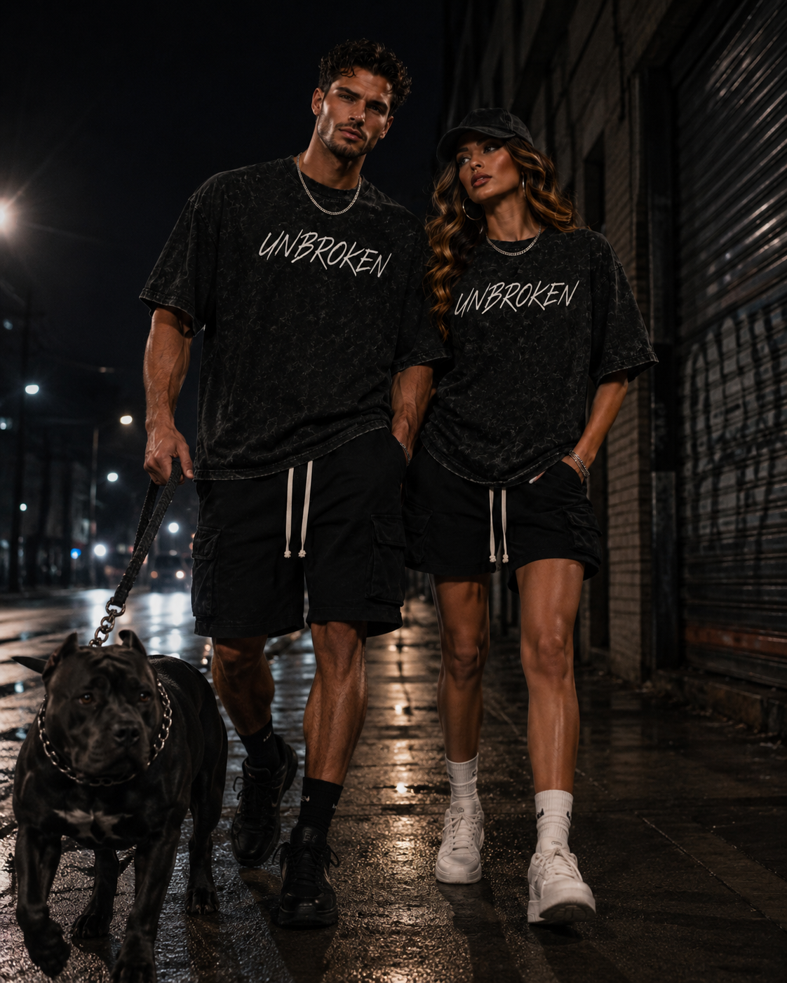 Man and woman wearing matching black acid-wash “UNBROKEN” graphic T-shirts walking a dog on a wet city street at night.