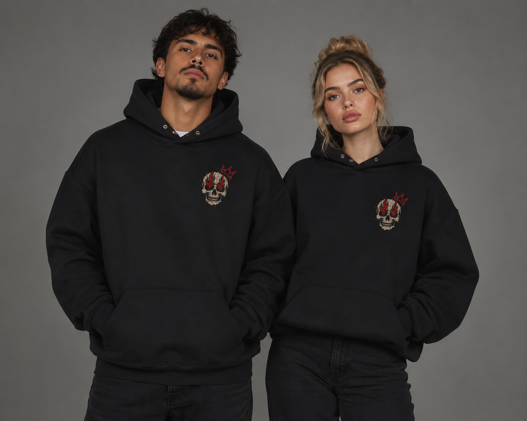 Male and female models wearing black “Built for Chaos” hoodies with a small distressed skull and red crown graphic on the chest.