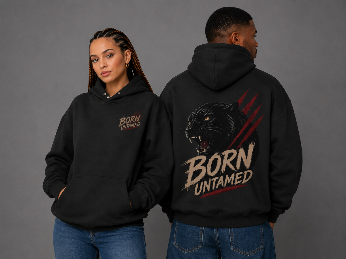 Female and male models showcasing a black “Born Untamed” hoodie, featuring a small chest design on the front and a large roaring black panther with red claw marks on the back.