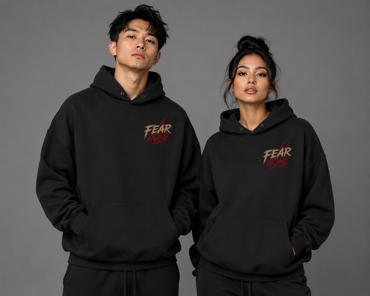 Male and female models wearing black “Fear None” hoodies with distressed beige and red chest graphics, photographed against a gray studio background.