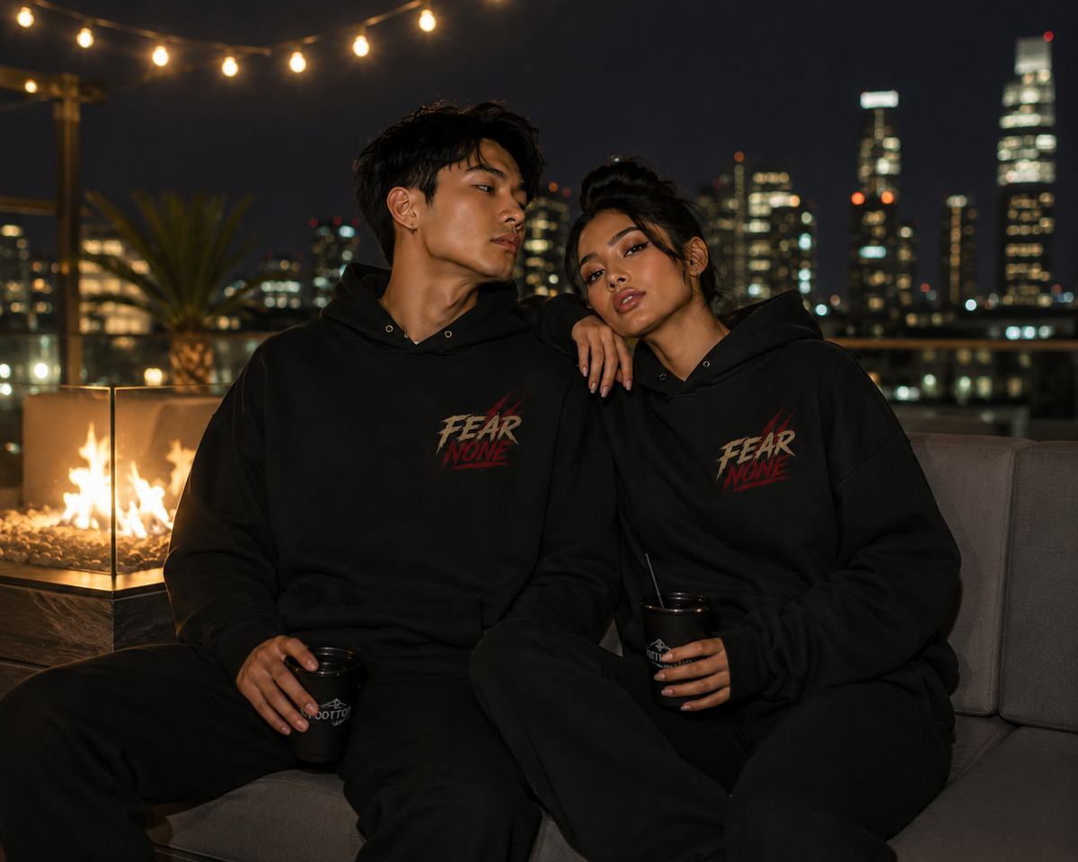 Male and female models wearing black “Fear None” hoodies while relaxing on a rooftop lounge at night, with a fire feature and illuminated city skyline in the background.