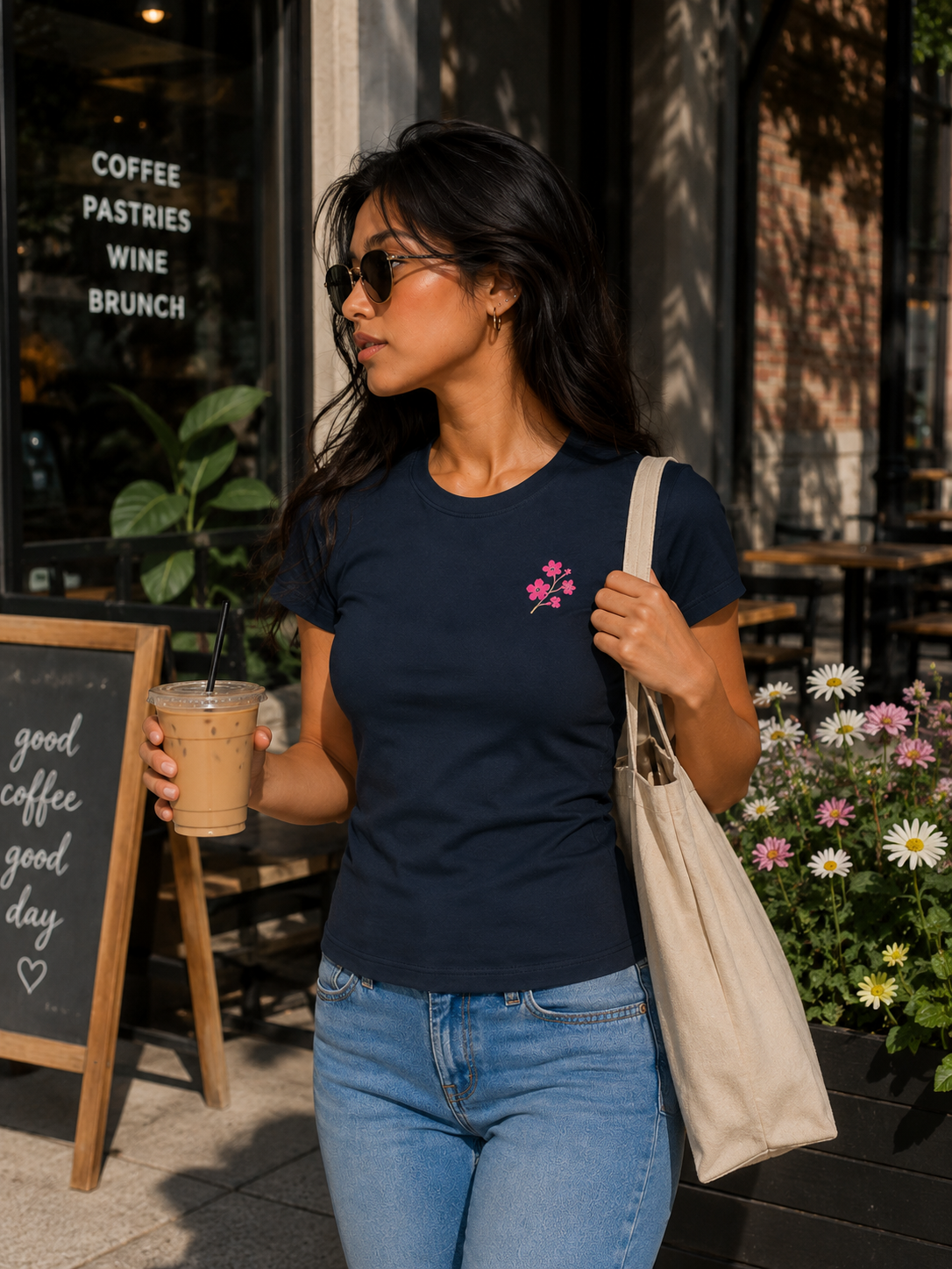 Cherry Blossom Bloom Embroidered Women's Slim Fit T-Shirt