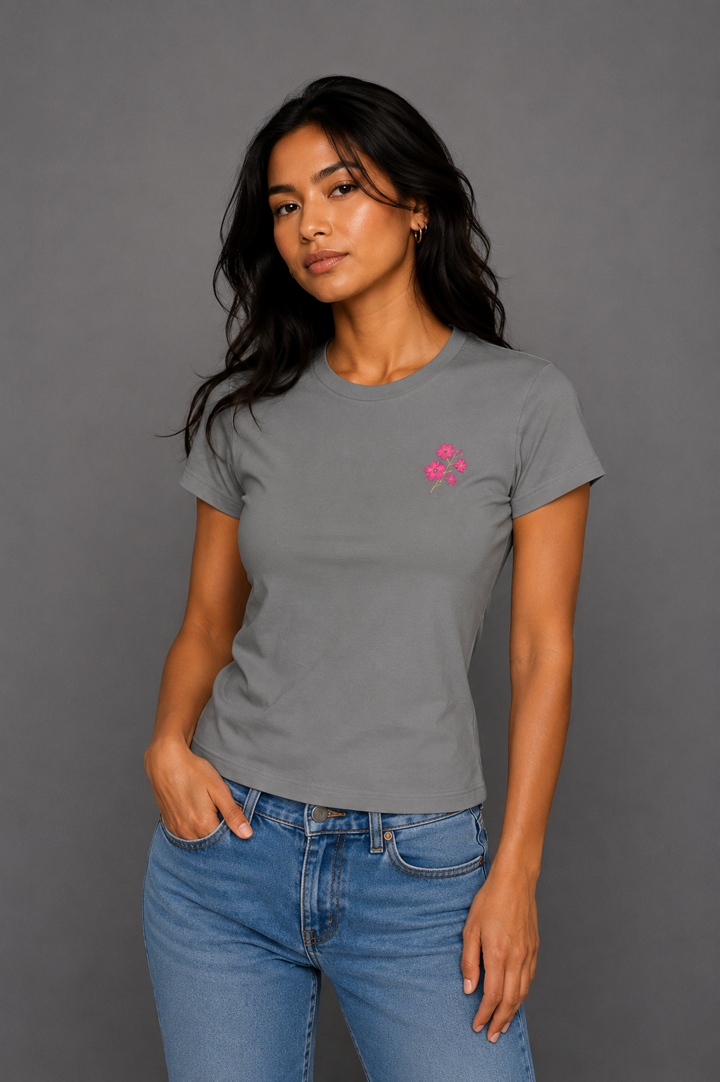 Cherry Blossom Bloom Embroidered Women's Slim Fit T-Shirt