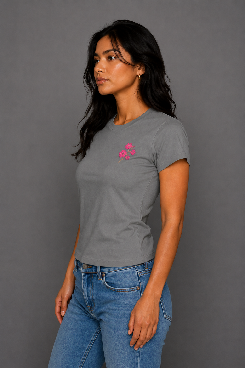 Cherry Blossom Bloom Embroidered Women's Slim Fit T-Shirt