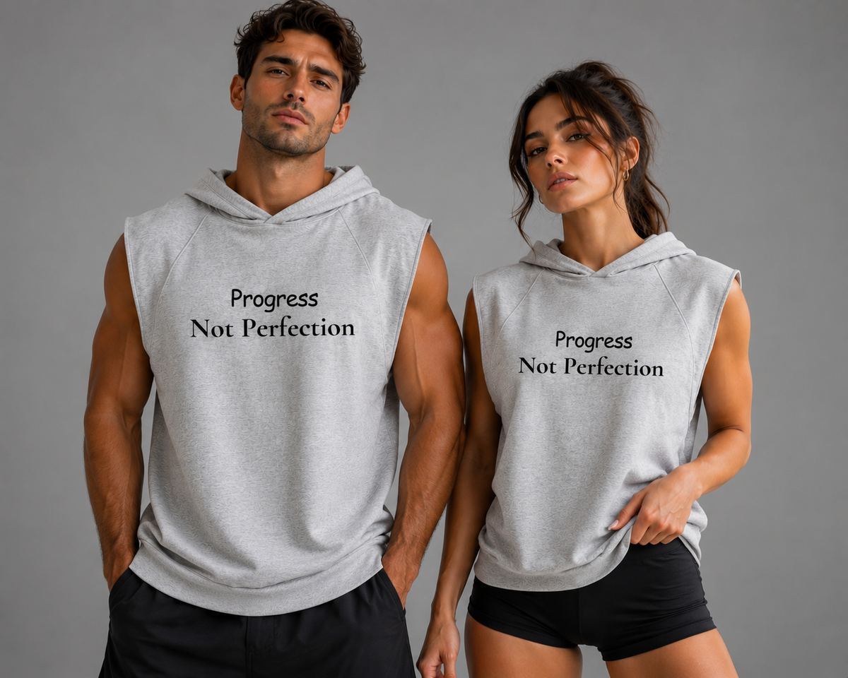 Man and woman wearing gray sleeveless hoodies with Progress Not Perfection motivational text on the front.