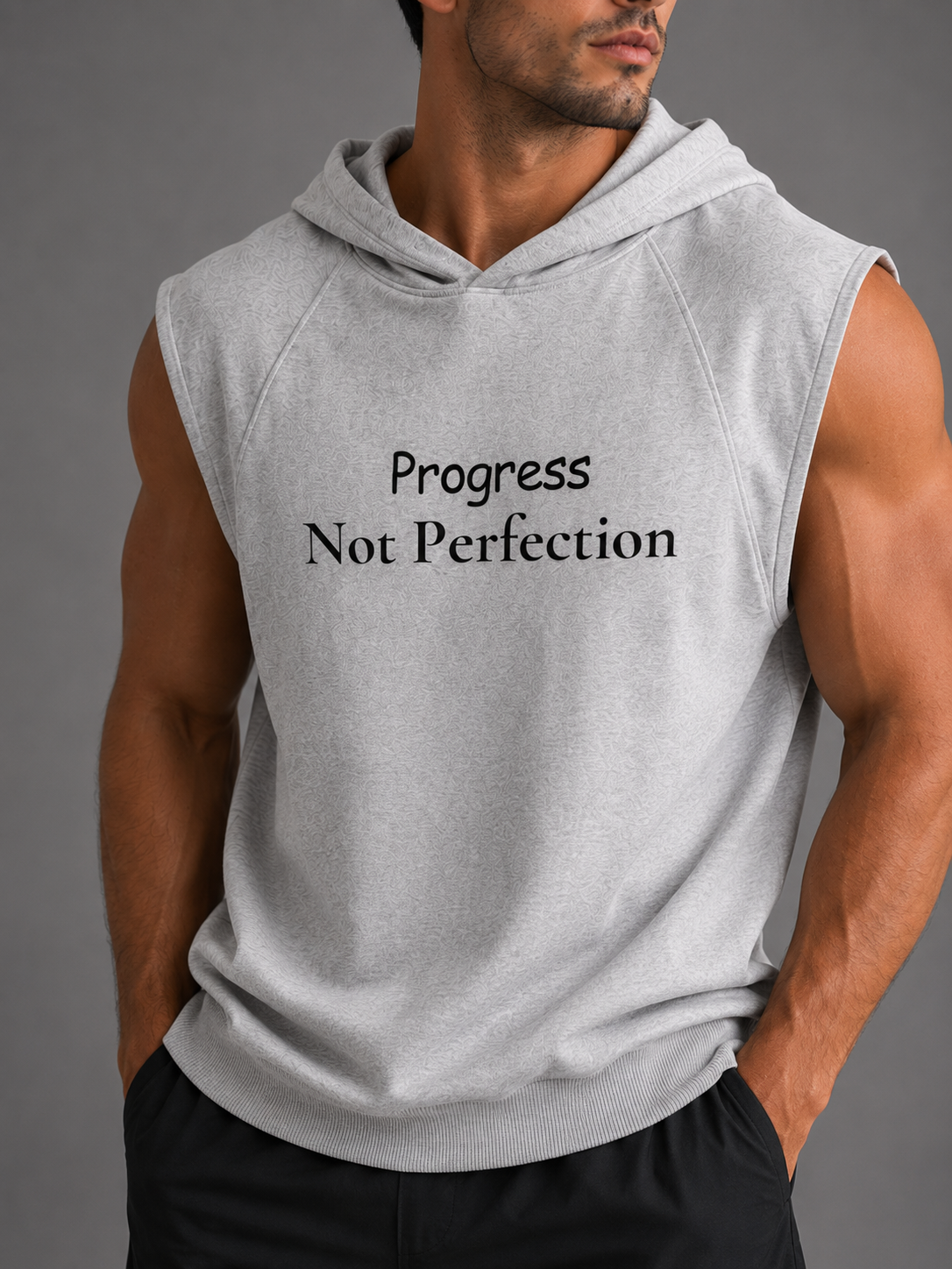 Close-up of man wearing gray Progress Not Perfection sleeveless hoodie, showing the motivational front design.