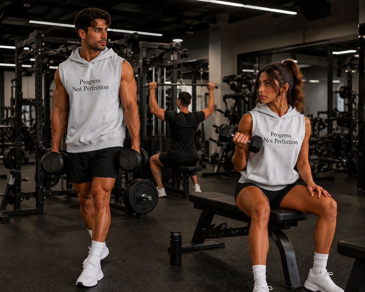 Man and woman wearing gray Progress Not Perfection sleeveless hoodies while working out together at a gym.