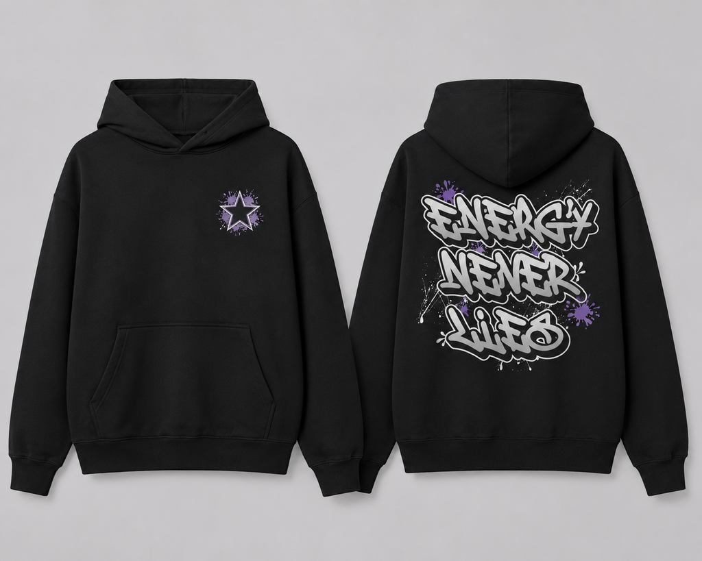 Black oversized hoodie with purple chest graphic and Energy Never Lies back design