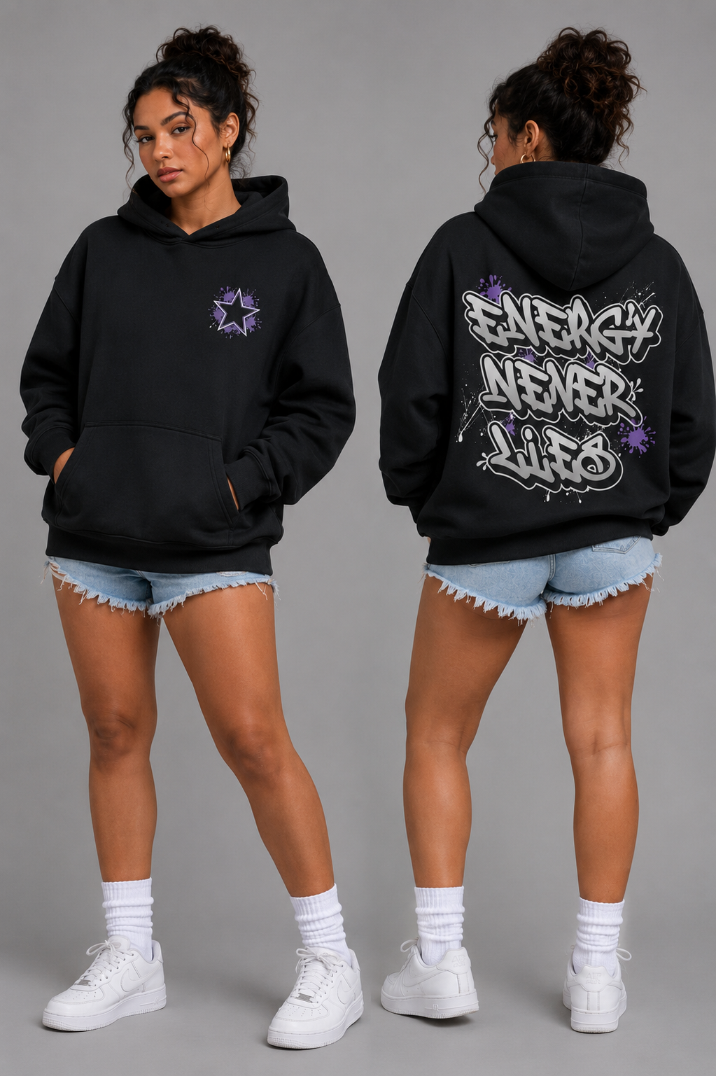 Female wearing a Black oversized hoodie with purple chest graphic and Energy Never Lies back design