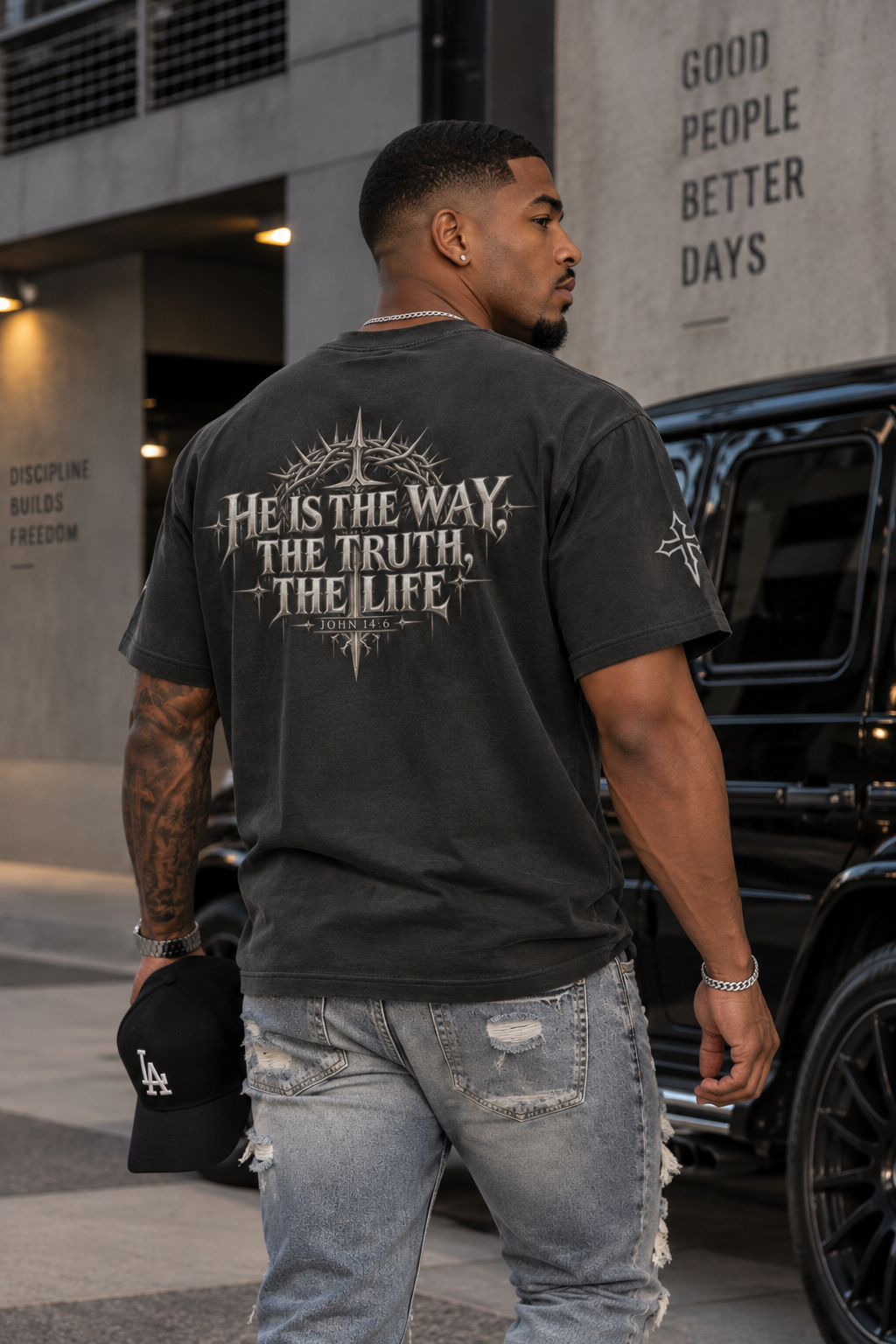 The Way, The Truth, The Life 240GSM unisex T-shirt in charcoal smoke with John 14:6 gothic cross sleeve design.