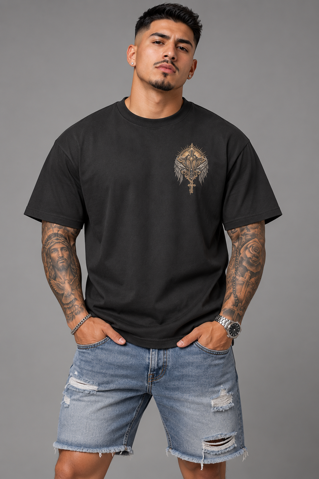Fallen Angels T-shirt featuring a detailed winged angel with a glowing halo, ornate gothic frame, crosses and antique gold accents.