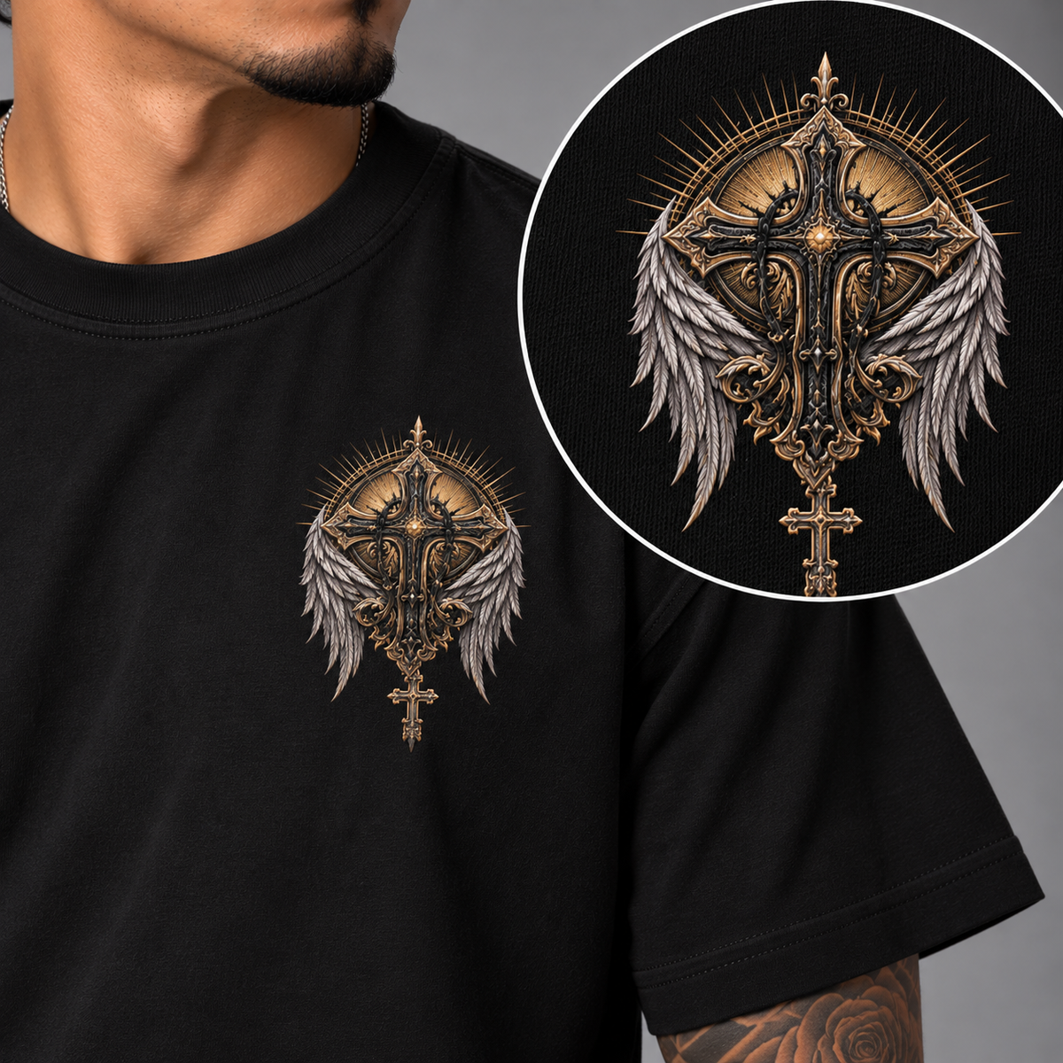 Fallen Angels T-shirt featuring an ornate cross-and-wings emblem with antique gold and silver detailing.