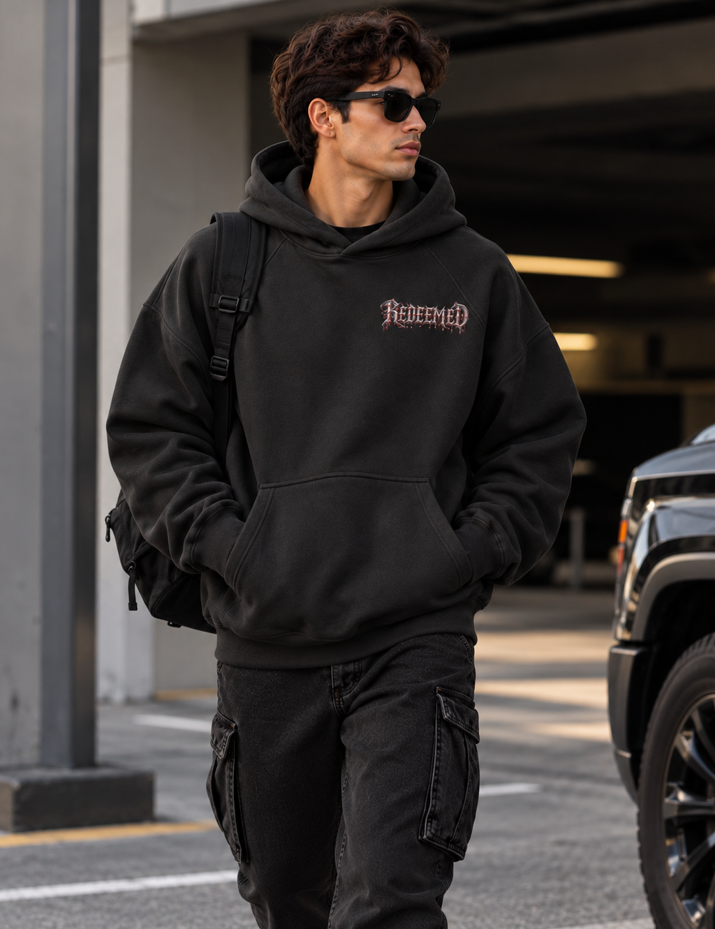A man wearing a black pullover hoodie with a red 'Redeemed' gothic logo on the chest, black cargo pants, and sunglasses, walking in an outdoor parking structure.