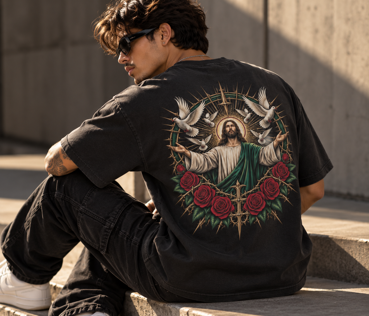 A man wearing a black graphic t-shirt with a large back print of Jesus Christ surrounded by doves and red roses, sitting on concrete steps.