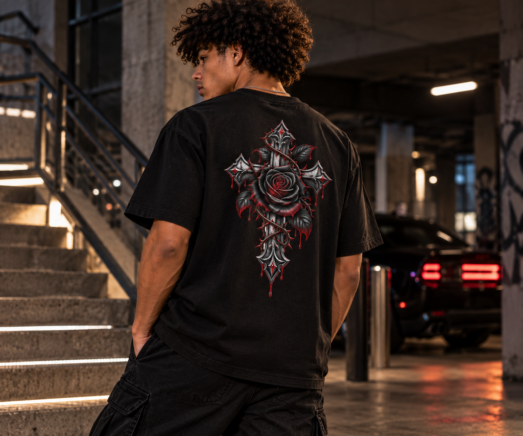 A man wearing a black t-shirt with a large gothic cross and rose graphic on the back, standing in a dimly lit urban parking garage.