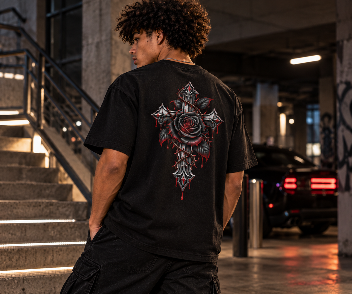 A man wearing a black t-shirt with a large gothic cross and rose graphic on the back, standing in a dimly lit urban parking garage.