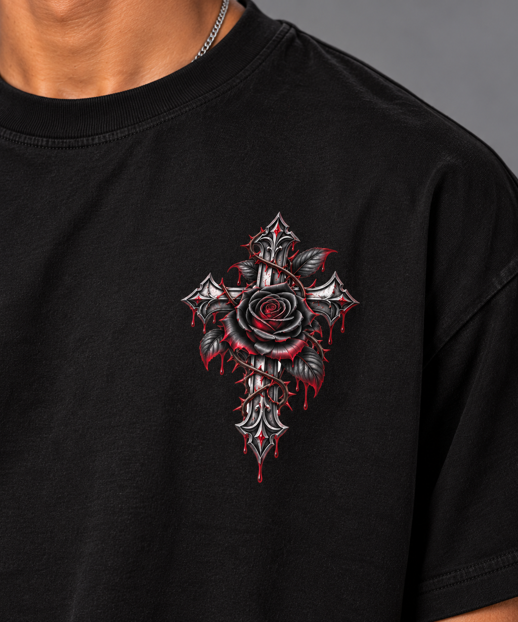 A close-up of a person wearing a black t-shirt with a detailed graphic of a gothic cross intertwined with a red and black rose on the chest.