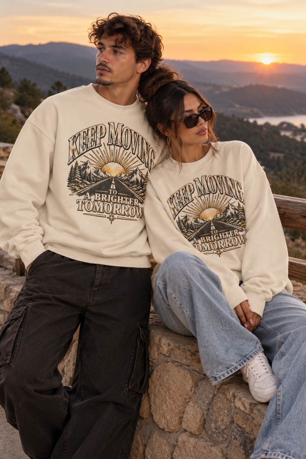 male and female wearing a cream oversized sweatshirt front view. comfortable for winter.