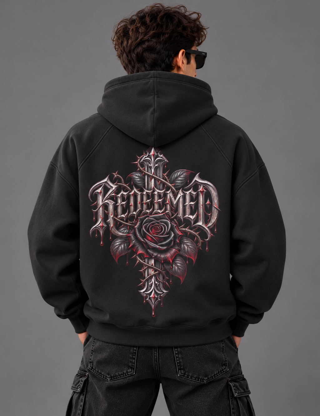 A person shown from the back wearing a black hoodie with a large gothic-style graphic on the back featuring a rose and the word 'Redeemed' in ornate lettering, against a plain gray studio background.