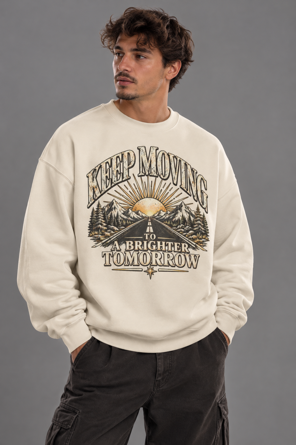 A man wearing a cream-colored crewneck sweatshirt with a vintage-style graphic that reads 'KEEP MOVING TO A BRIGHTER TOMORROW' above a mountain and sun design, paired with dark cargo pants against a solid gray studio background.